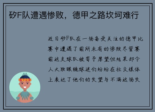 矽F队遭遇惨败，德甲之路坎坷难行